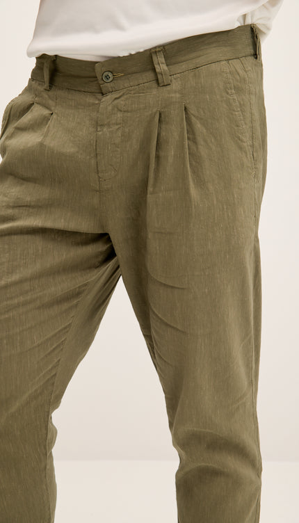 Double Pleated Linen Blend Pants - Khaki