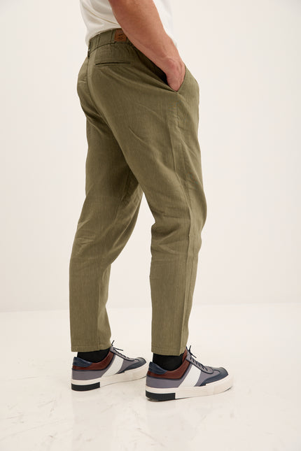 Men's Double-Pleated Linen Pants - Khaki | Ron Tomson
