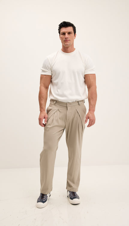Front Flap Pleating Relaxed Trousers - Stone