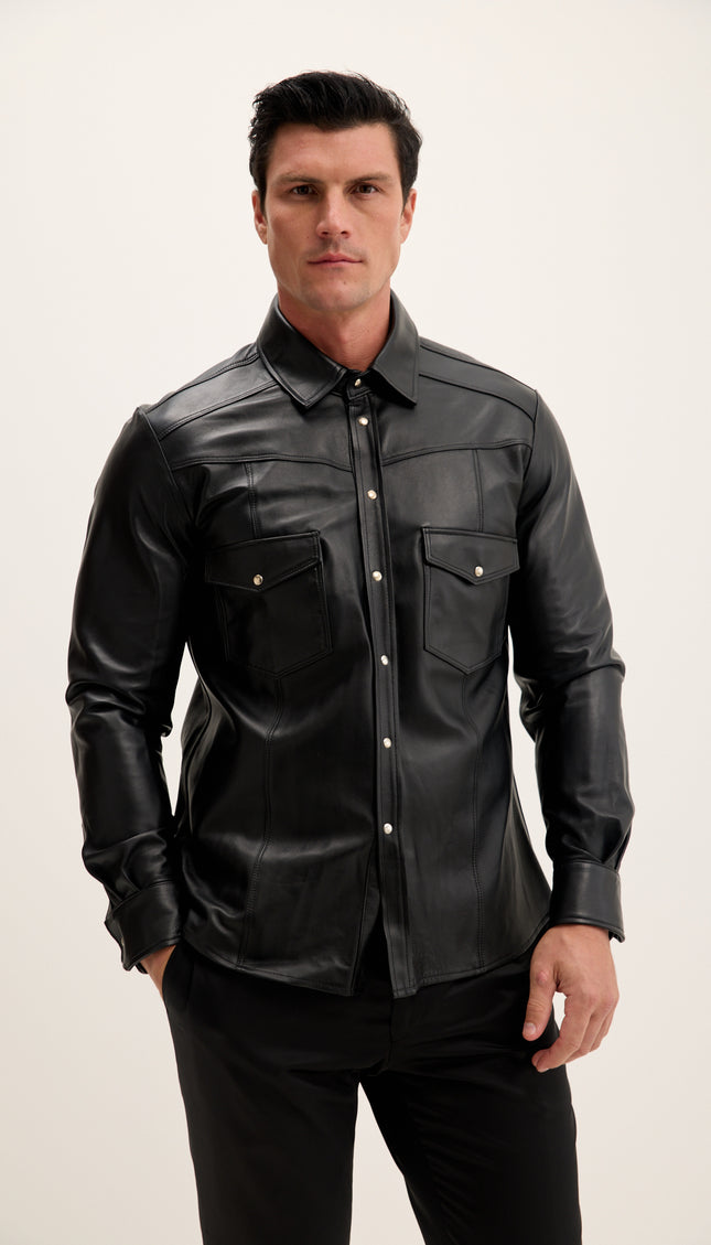 Genuine Lambskin Leather Shirt - Black