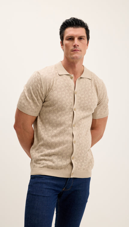 Geometric Crochet Knit Polo - Stone
