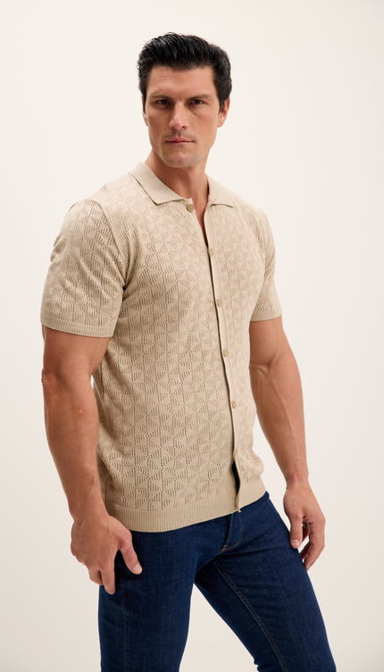 Geometric Crochet Knit Polo - Stone