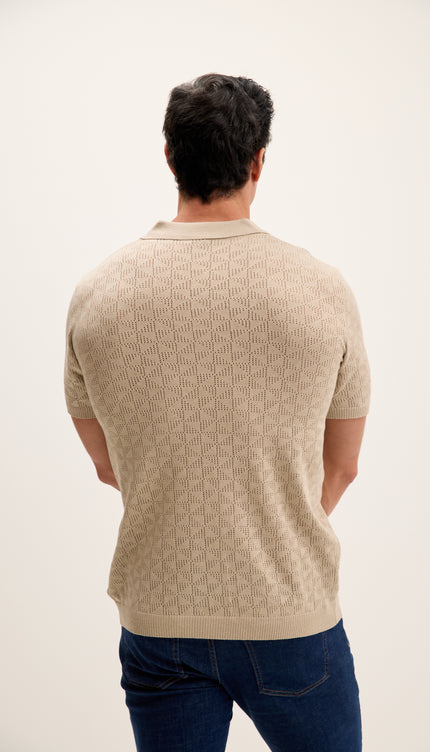 Geometric Crochet Knit Polo - Stone