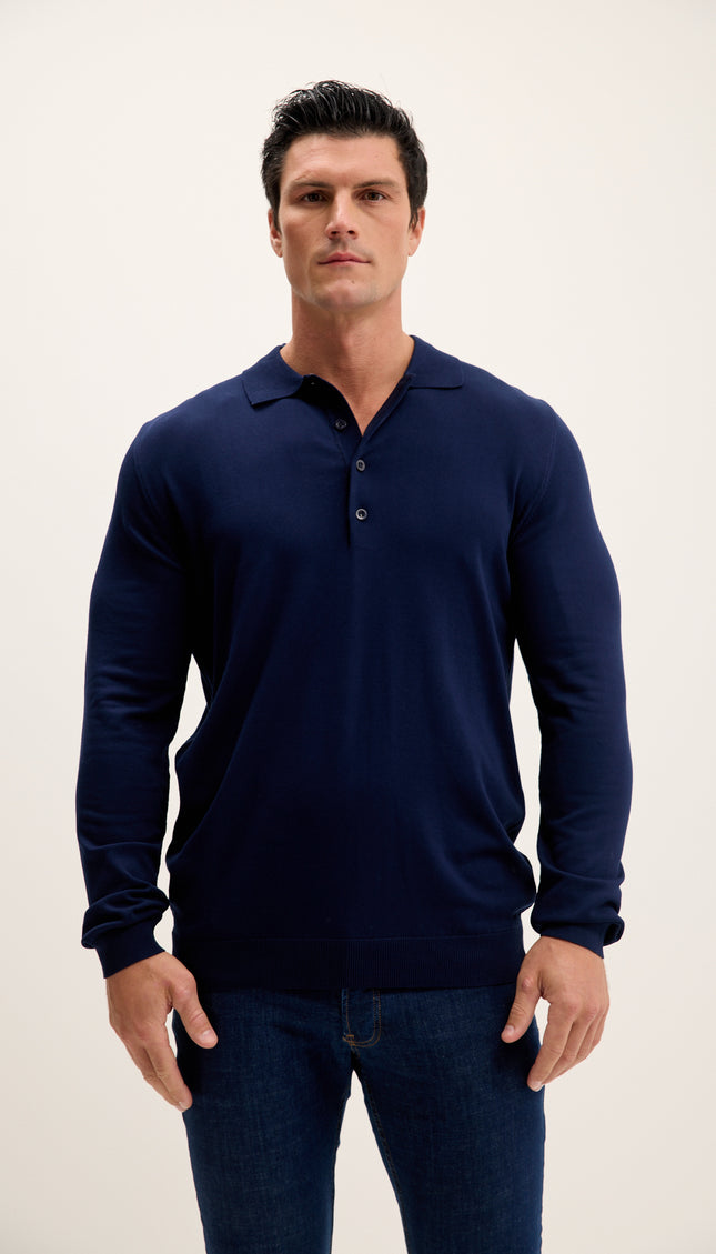 Four Button Down Polo Sweater  - Navy