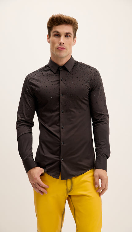 Schwarzes, mit Kristallen verziertes Hemd