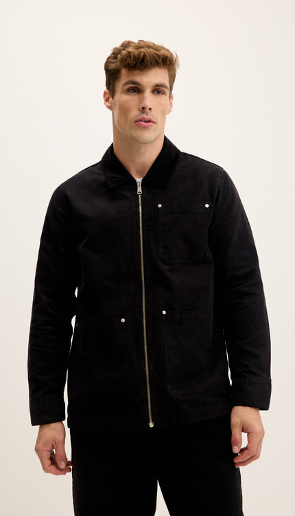 Collared Cotton Canvas Jacket - Black