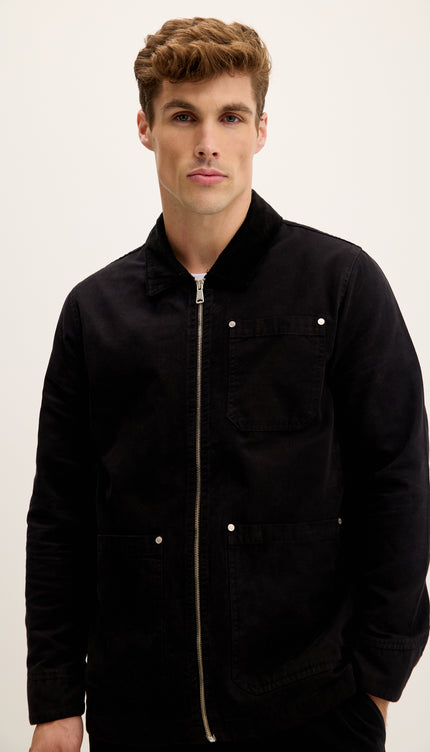 Collared Cotton Canvas Jacket - Black