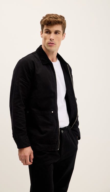 Collared Cotton Canvas Jacket - Black