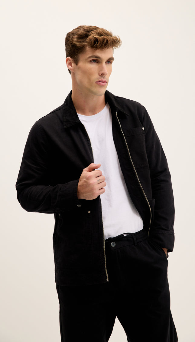 Collared Cotton Canvas Jacket - Black