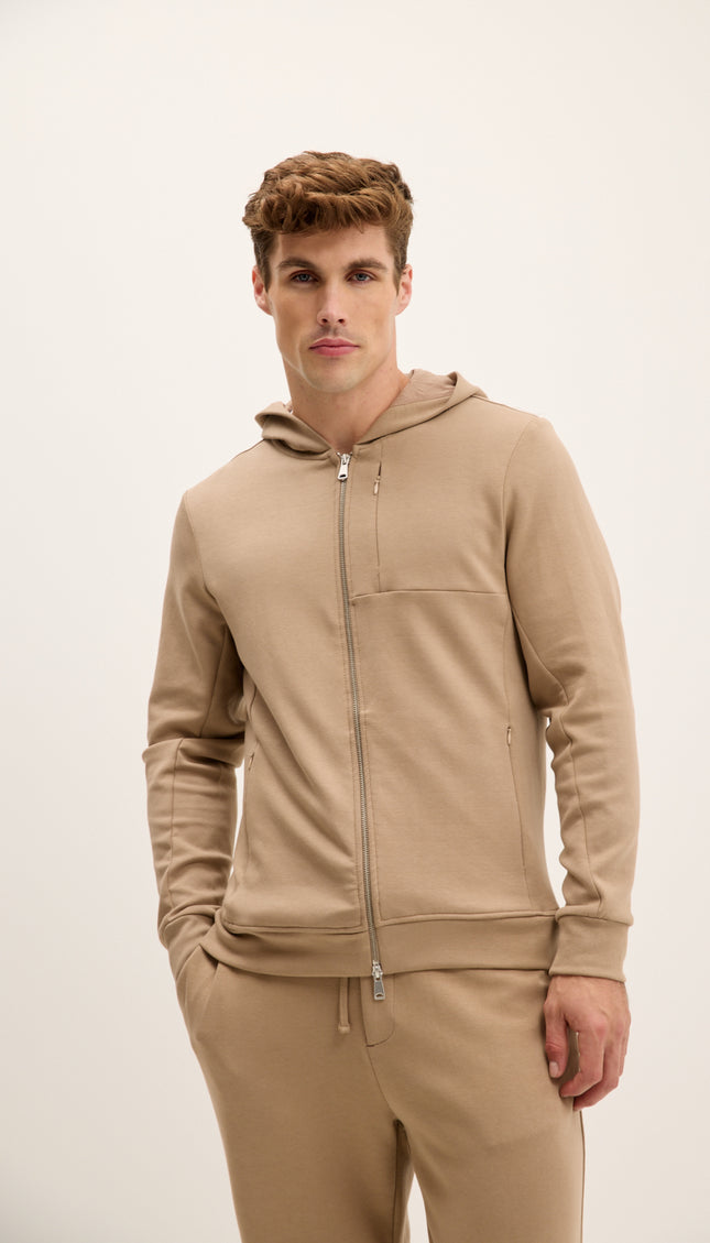 Hooded Double Zipper Jacket - Beige