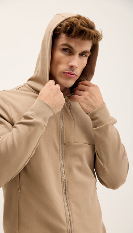 Hooded Double Zipper Jacket - Beige