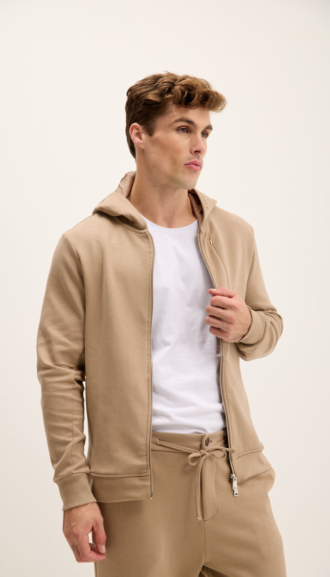Hooded Double Zipper Jacket - Beige