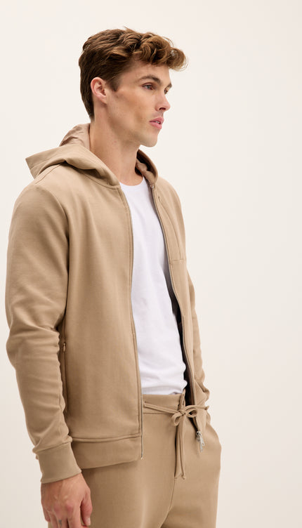 Hooded Double Zipper Jacket - Beige