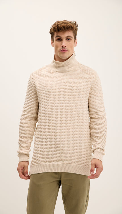 Neck Zipper Honeycomb Sweater - Beige