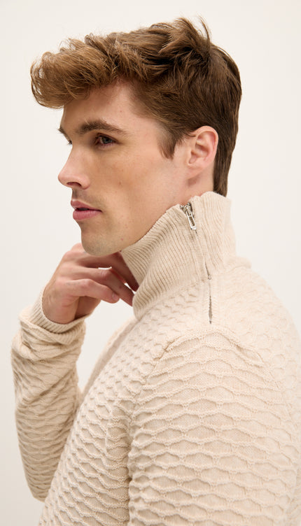 Neck Zipper Honeycomb Sweater - Beige