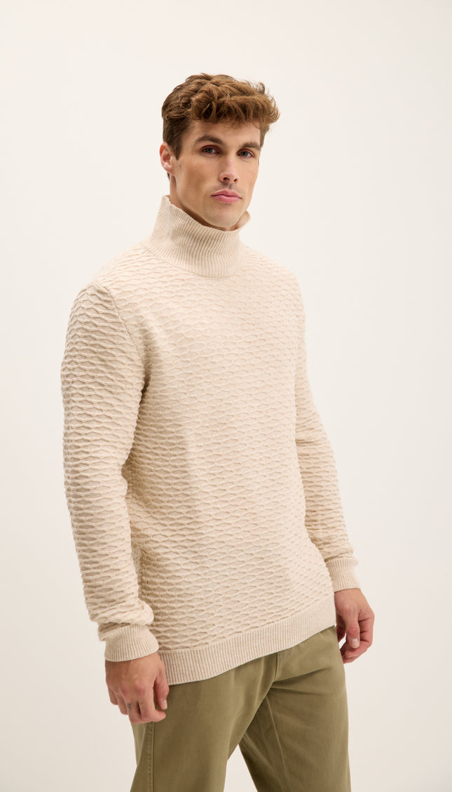 Neck Zipper Honeycomb Sweater - Beige