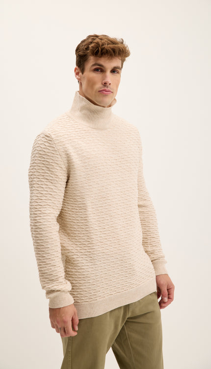 Neck Zipper Honeycomb Sweater - Beige