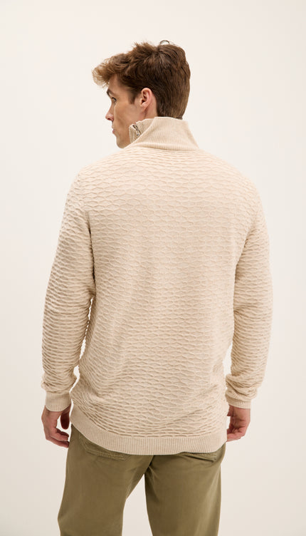 Neck Zipper Honeycomb Sweater - Beige