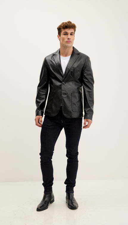 Blazer en cuir véritable doublé et à poches plaquées - Noir