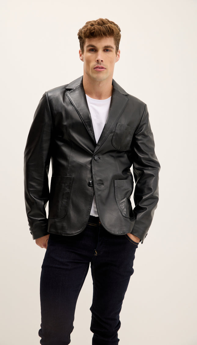 Patch Pocket and Lined Genuine Leather Blazer - Black