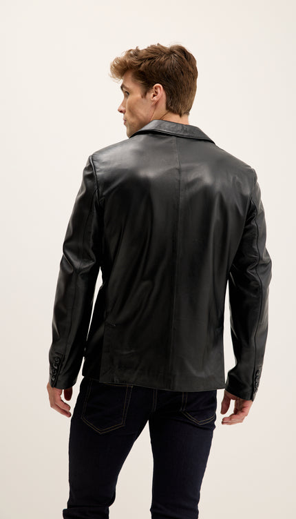 Blazer en cuir véritable doublé et à poches plaquées - Noir