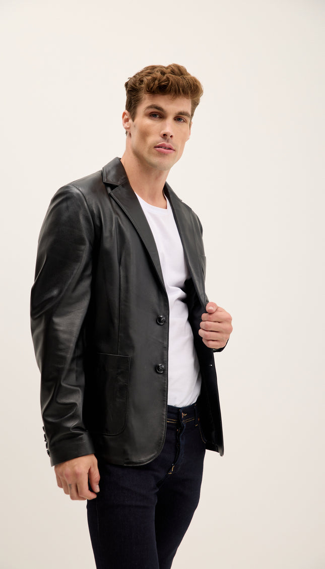Patch Pocket and Lined Genuine Leather Blazer - Black