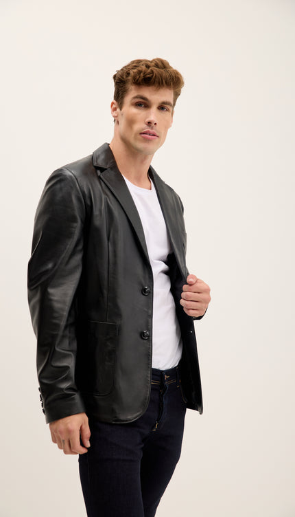 Blazer en cuir véritable doublé et à poches plaquées - Noir