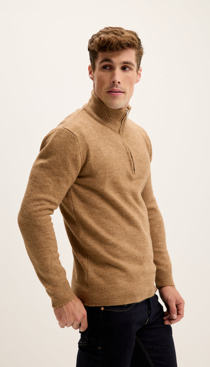 Zippered Collar Sweater - Camel