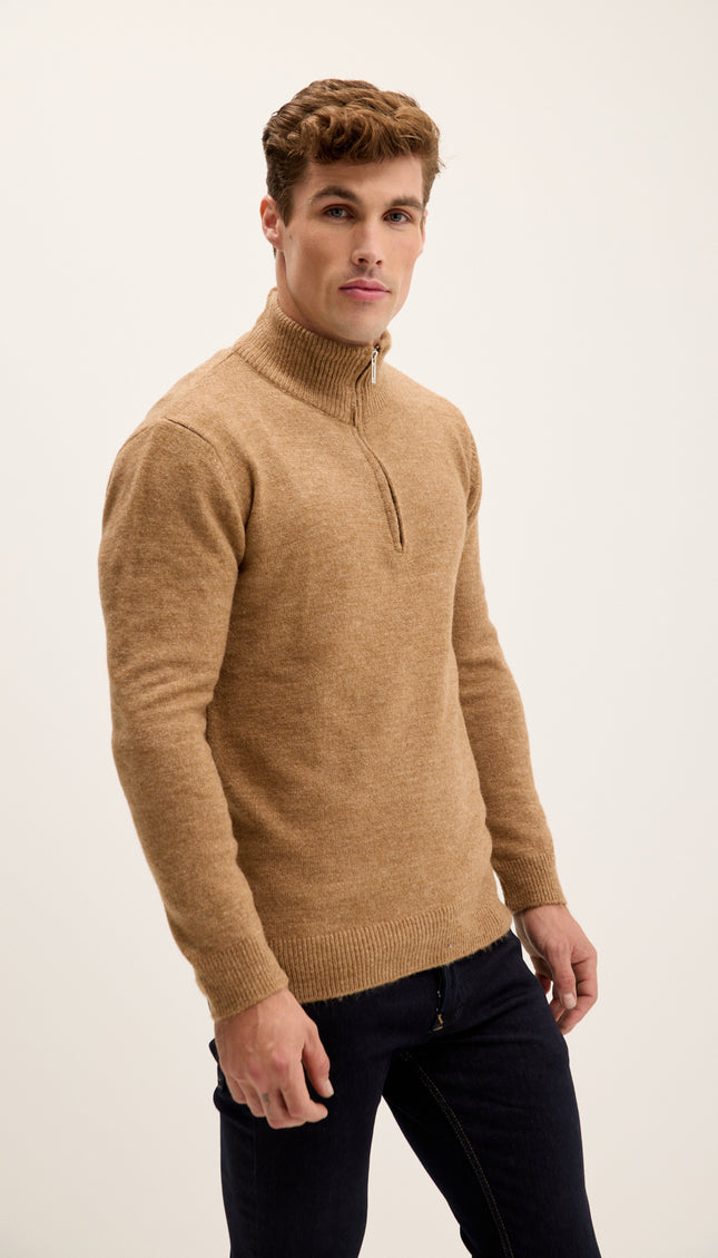 Zippered Collar Sweater - Camel