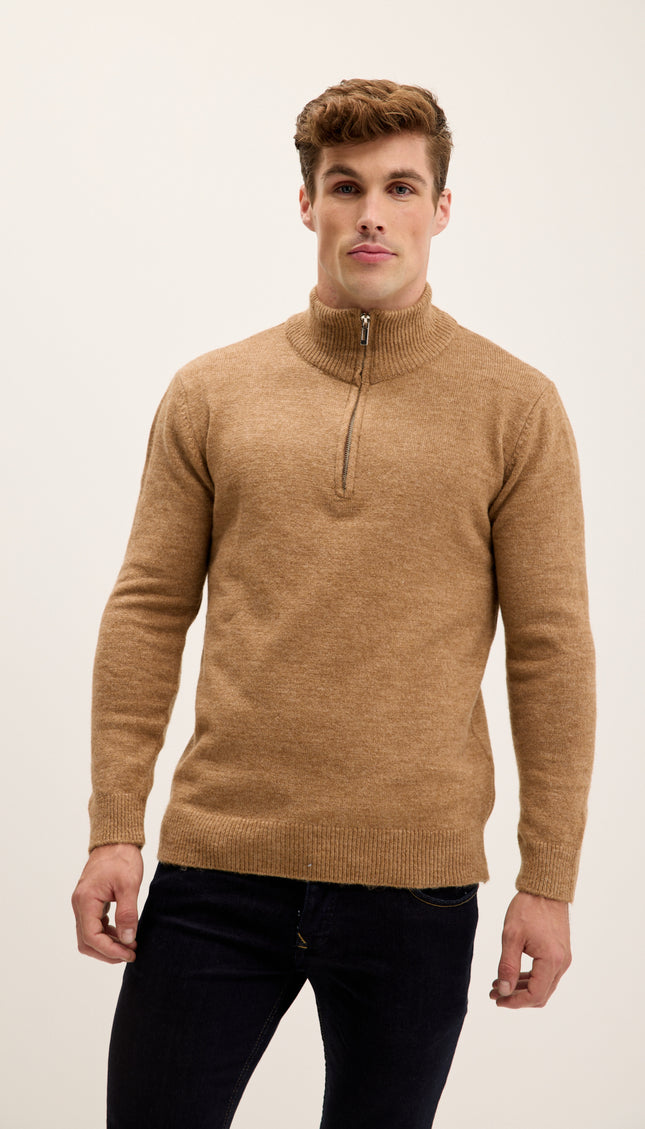 Zippered Collar Sweater - Camel