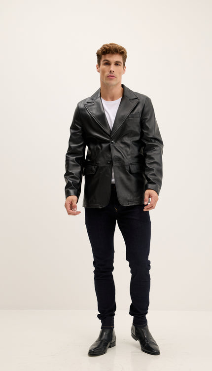 Peak Lapel Genuine Leather Jacket - Black