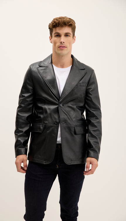Peak Lapel Genuine Leather Jacket - Black