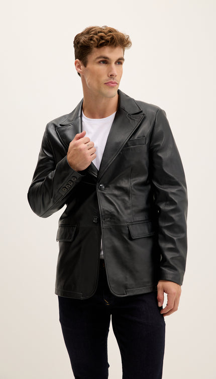 Peak Lapel Genuine Leather Jacket - Black