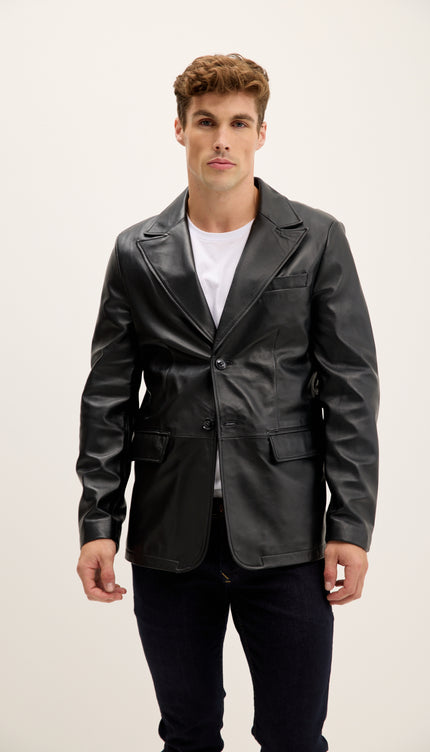 Peak Lapel Genuine Leather Jacket - Black