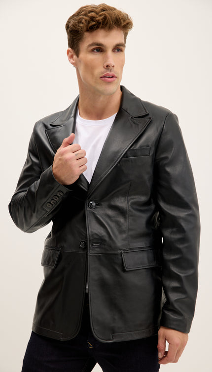 Peak Lapel Genuine Leather Jacket - Black