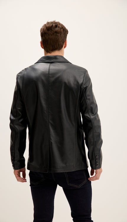 Peak Lapel Genuine Leather Jacket - Black