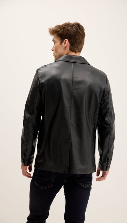 Peak Lapel Genuine Leather Jacket - Black