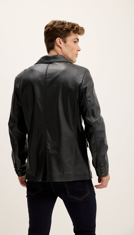 Peak Lapel Genuine Leather Jacket - Black