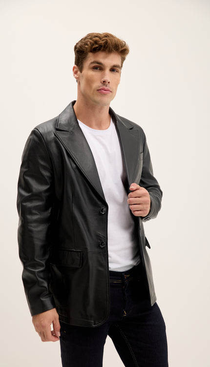 Peak Lapel Genuine Leather Jacket - Black