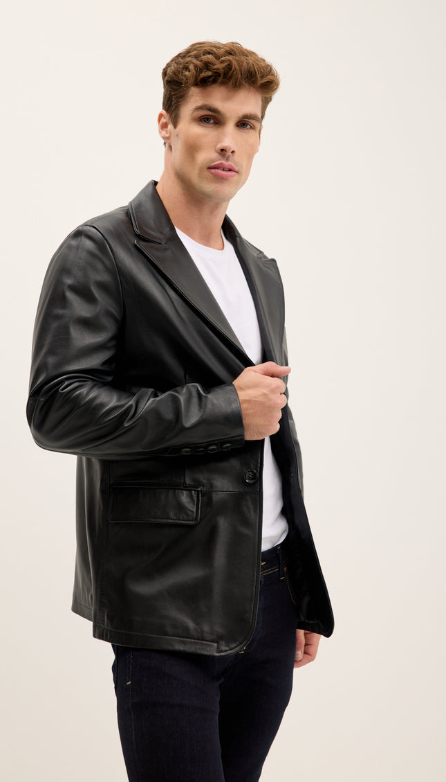 Peak Lapel Genuine Leather Jacket - Black