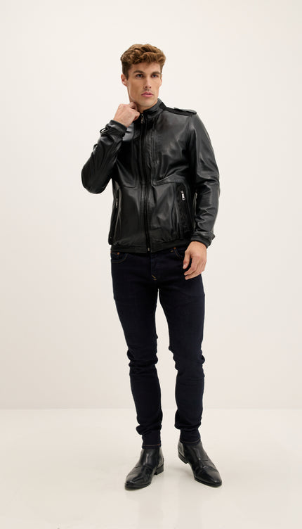 Jacke mit Schulterklappen aus echtem Leder – Schwarz