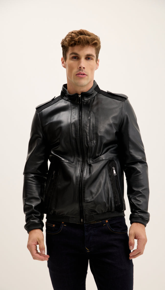 Genuine Leather Epaulette Shoulders Jacket - Black