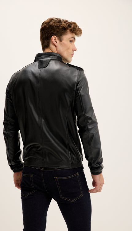 Jacke mit Schulterklappen aus echtem Leder – Schwarz