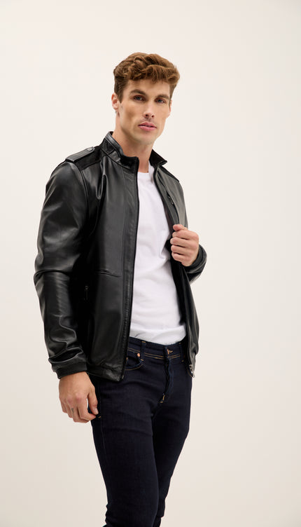 Jacke mit Schulterklappen aus echtem Leder – Schwarz