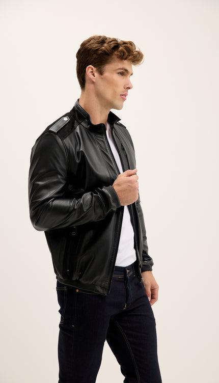 Jacke mit Schulterklappen aus echtem Leder – Schwarz