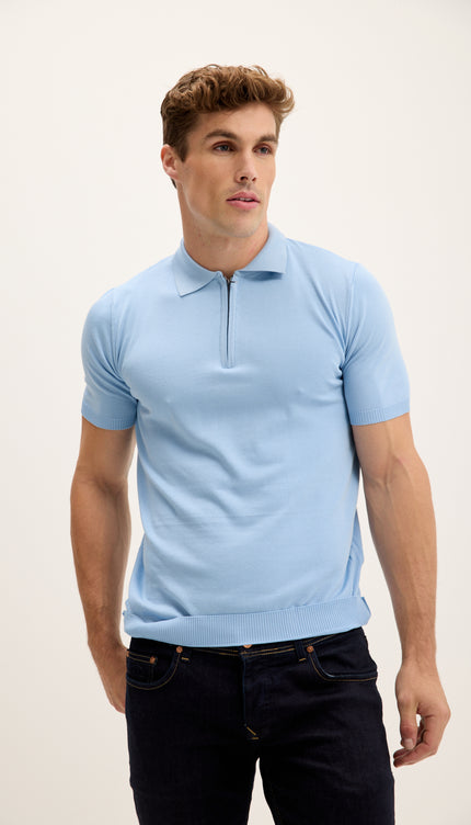 Zipper Closure Lightweight Polo Tee - Blue