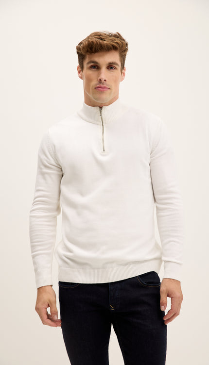 Quarter Zipper Mock Neck Ribbed Sweater - Off White