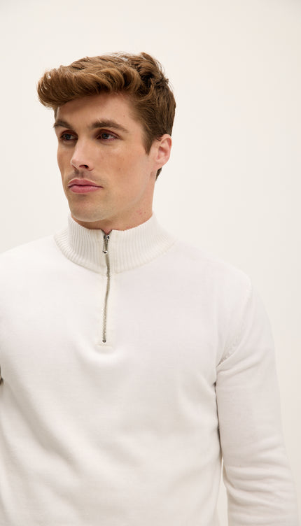 Quarter Zipper Mock Neck Ribbed Sweater - Off White
