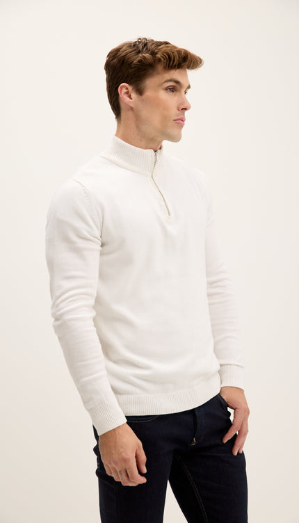 Quarter Zipper Mock Neck Ribbed Sweater - Off White