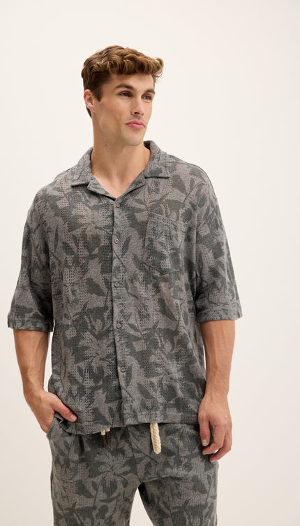 Allover Floral Pattern Weave Cotton Shirt - Anthracite